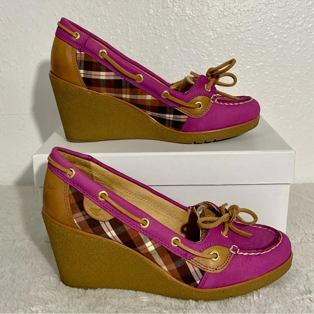 Sperry Top-Sider Goldfish Pink Tan Plaid Wedges Women’s Size 7.5M